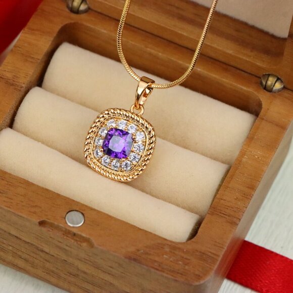 "Elegant Purple Square Pendant with Sparkling Border in Gold Finish, XPPT1658 - Picture 8 of 13